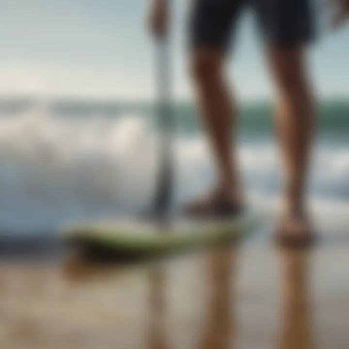 A surfer preparing to hit the waves while wearing trendy surf brand sandals.