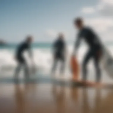 A group of surfers checking their apps before heading out