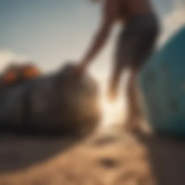 A surfer packing gear into a luggage bag