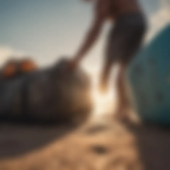 A surfer packing gear into a luggage bag