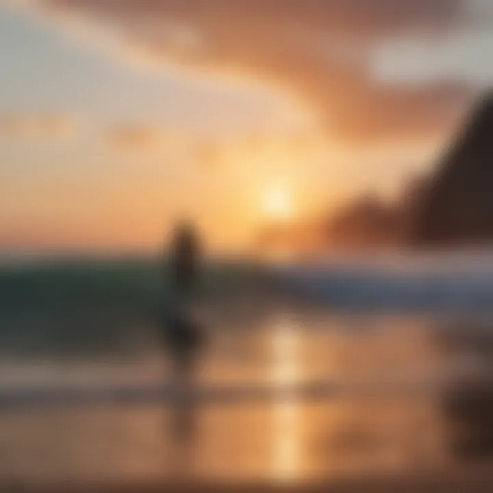 A breathtaking sunset over a Mexican beach with surfers in the water.