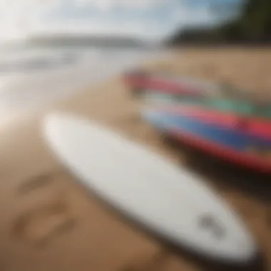 Surfboards lined up on the sand ready for action