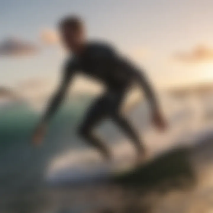 A surfer riding a wave at a sunrise