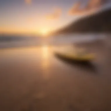 Golden sunset over a tranquil Baja beach with surfboards