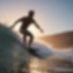 A surfer catching a wave at sunrise, showcasing the beauty of the ocean