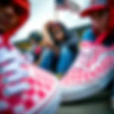 Enthusiasts Embracing Red Checkerboard Vans Group of extreme sports enthusiasts sporting red checkerboard Vans