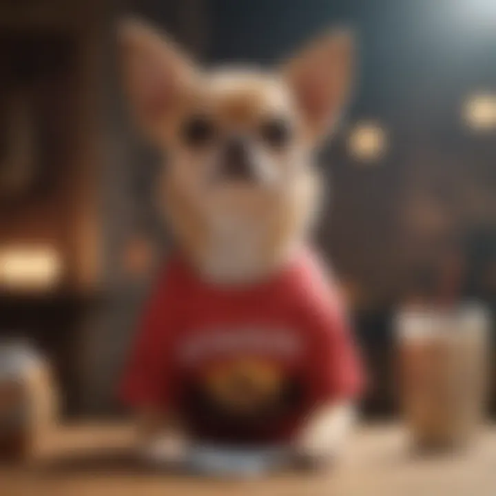 Chihuahua in a t-shirt at a social gathering