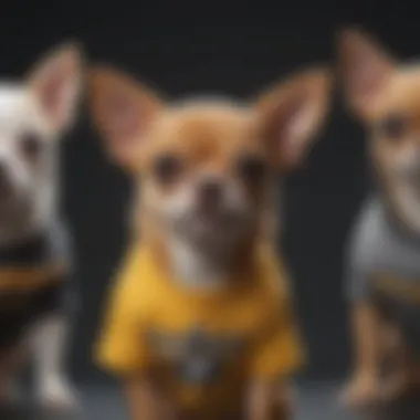 Close-up of various t-shirt designs for Chihuahuas