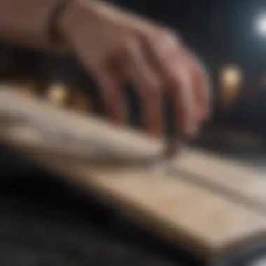 A dynamic action shot of a finger board performing a trick on a miniature ramp.