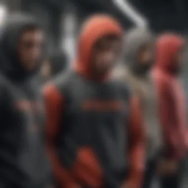 A group of extreme sports enthusiasts bonding in a social setting, all wearing back hoodies