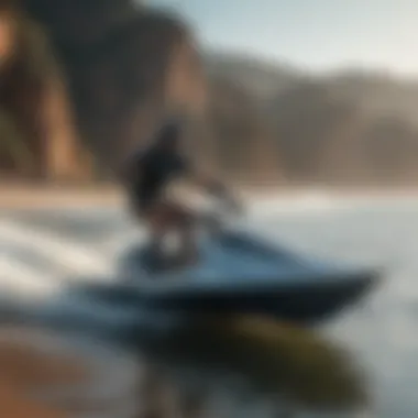 A scenic beach setting highlighting riders enjoying hydrofoil boards