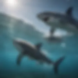 Dolphins interacting with a shark in the ocean