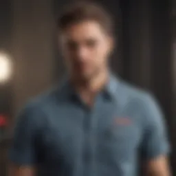 A stylish button down tee shirt displayed on a mannequin with a modern backdrop