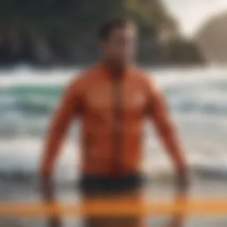 A vibrant surfing jacket on the beach