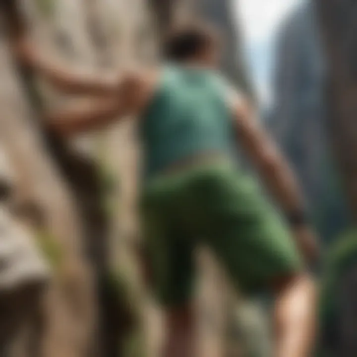 Athlete showcasing green fleece shorts during a rock climbing session