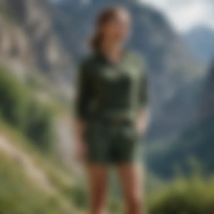 Fashionable pairing of green fleece shorts with outdoor gear