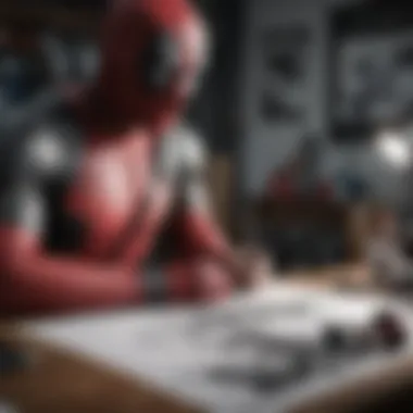 Close-up of a designer sketching a new Deadpool t-shirt concept.