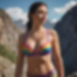 A vibrant rainbow bra showcased against a rugged mountain backdrop