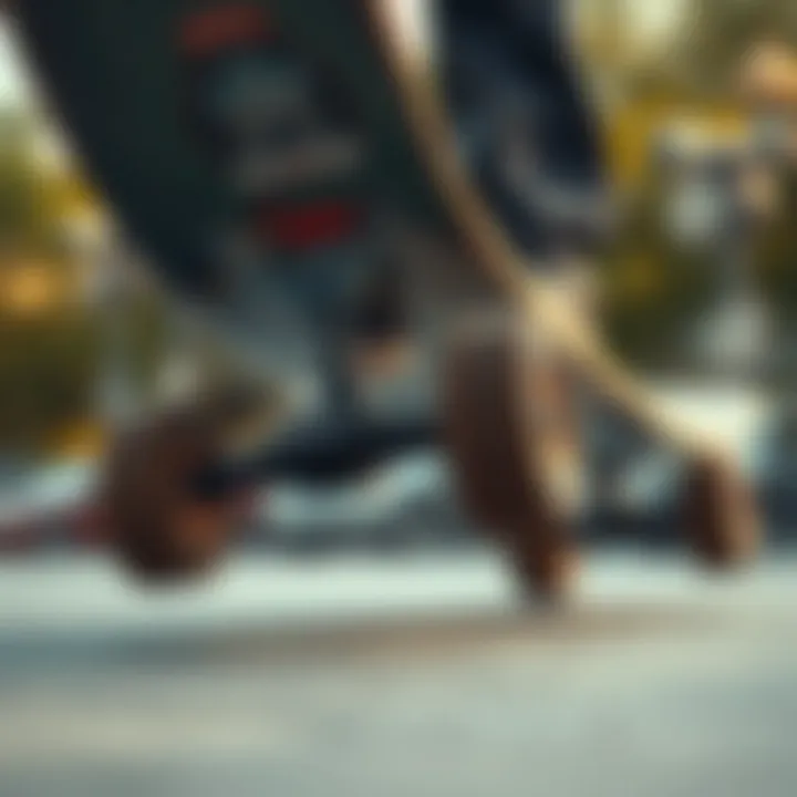 Skateboard Mechanics Close-up of skateboard wheels during a Half Cab
