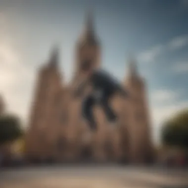 A skateboarder performing a trick with a backdrop of church steeples