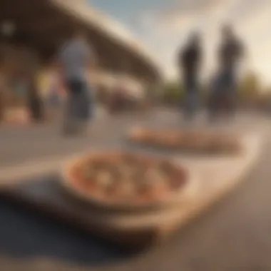 A lively skate park scene with enthusiasts enjoying pizza