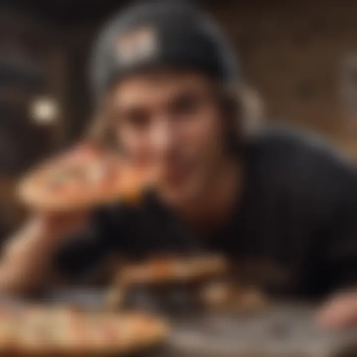 A close-up of a skateboarder enjoying a slice of pizza