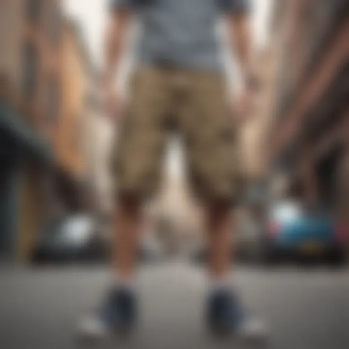 Trendy skater cargo shorts displayed in an urban setting