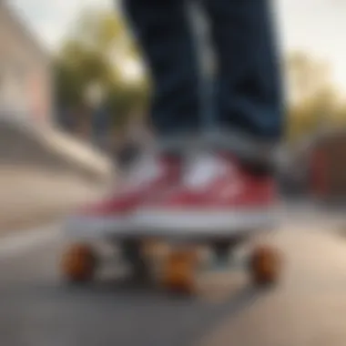 Vans shoes on a skateboard at a skate park