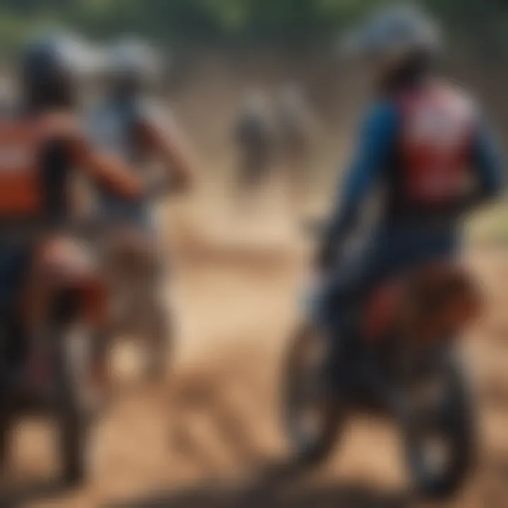 A group of riders discussing techniques at a motocross track