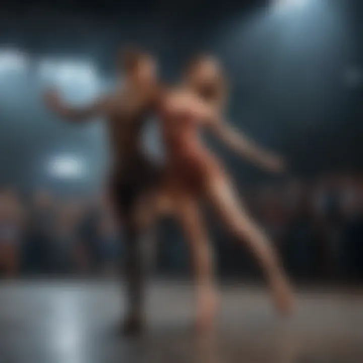 A dramatic stage with intense lighting, illustrating the atmosphere of a competitive dance event.