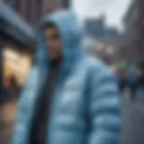 A stylish light blue bubble coat displayed in an urban setting