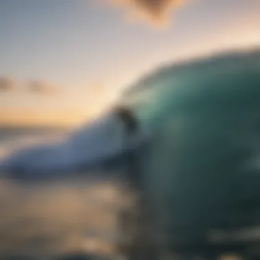 A serene setting of a surfer catching a wave at sunset