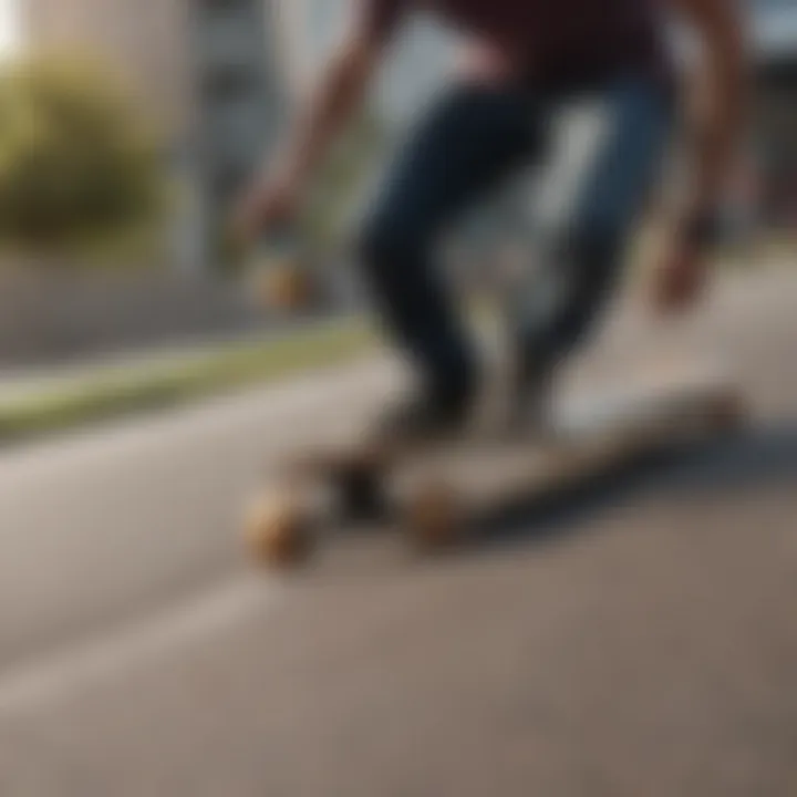 An action shot of a rider executing a smooth slide on a longboard.