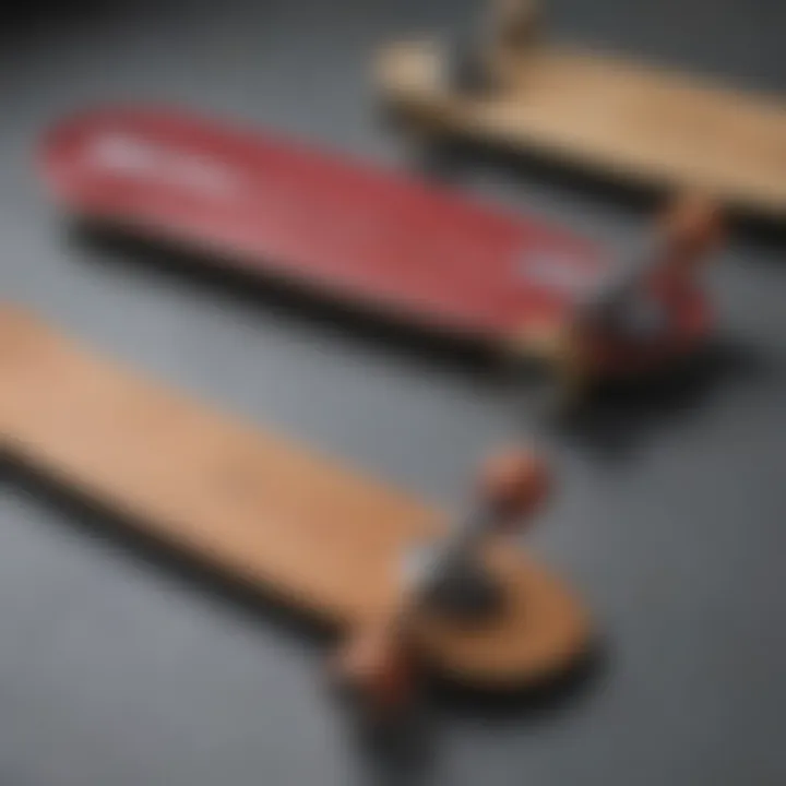 A close-up of various longboard types showcasing different shapes and materials.