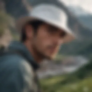 A person wearing a plain white bucket hat while hiking, highlighting its practical use in outdoor activities.