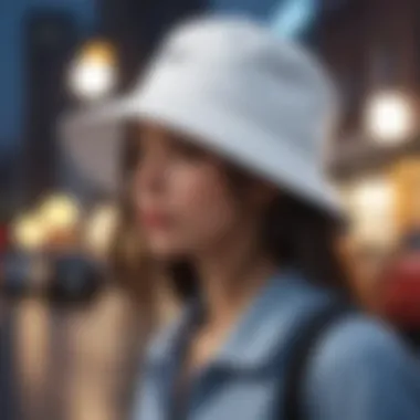 A fashionable street style shot featuring a plain white bucket hat paired with casual attire.