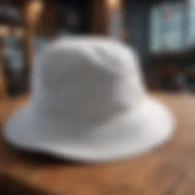 A close-up view of a plain white bucket hat resting on a wooden table, showcasing its fabric texture.