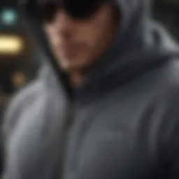 A close-up view of a zip front hoodie showcasing innovative fabric technology and design elements.