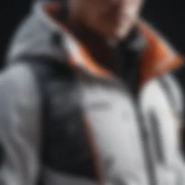 Detail of ski jacket features like zippers and pockets