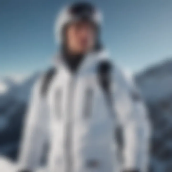 Stylish white ski jacket on a snowy mountain