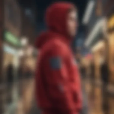 Red Champion Hoodie in Urban Fashion Context Stylish urban setting featuring the red Champion hoodie as a fashion statement