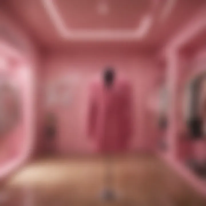 An interior shot of a boutique displaying pink-themed clothing.