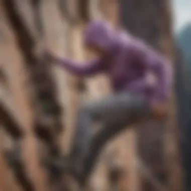 A climber scaling a rocky surface, wearing a light purple hoodie that provides both comfort and safety.