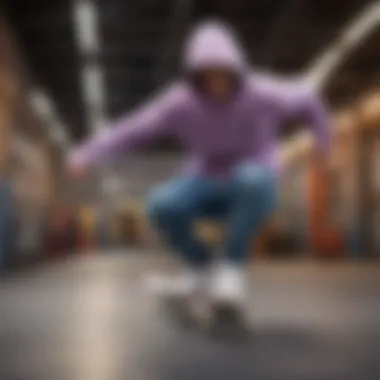 A daring skateboarder performing a trick, sporting a light purple hoodie that enhances style and performance.