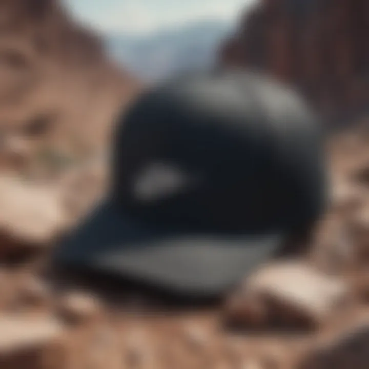 Close-up of the innovative design features of the black Nike cap on a rocky terrain