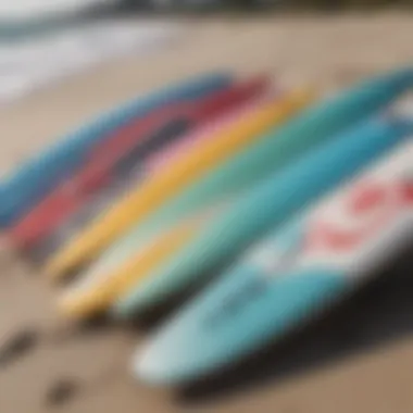 Surfboards lined up on the beach ready for use