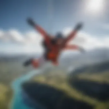 Skydiver experiencing the thrill of freefall over stunning landscapes.