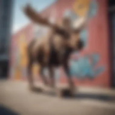 A vibrant mural depicting a moose skating with graffiti art in the background