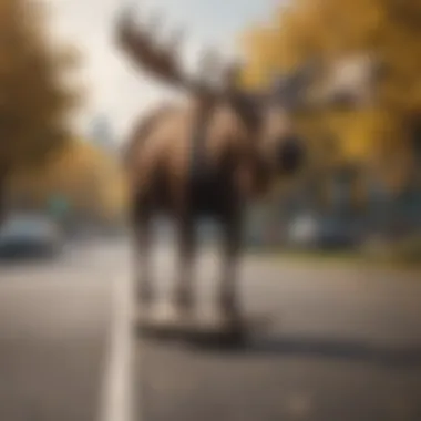Moose on the Board: Nature Meets Urban Culture A majestic moose standing on a skateboard in an urban park setting