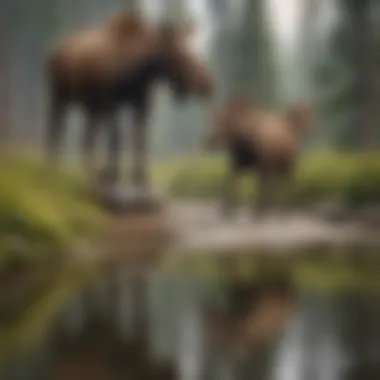 Tricks and Curiosity: A Dance of Wildlife and Sport A skateboarder performing tricks alongside a curious moose in a natural landscape
